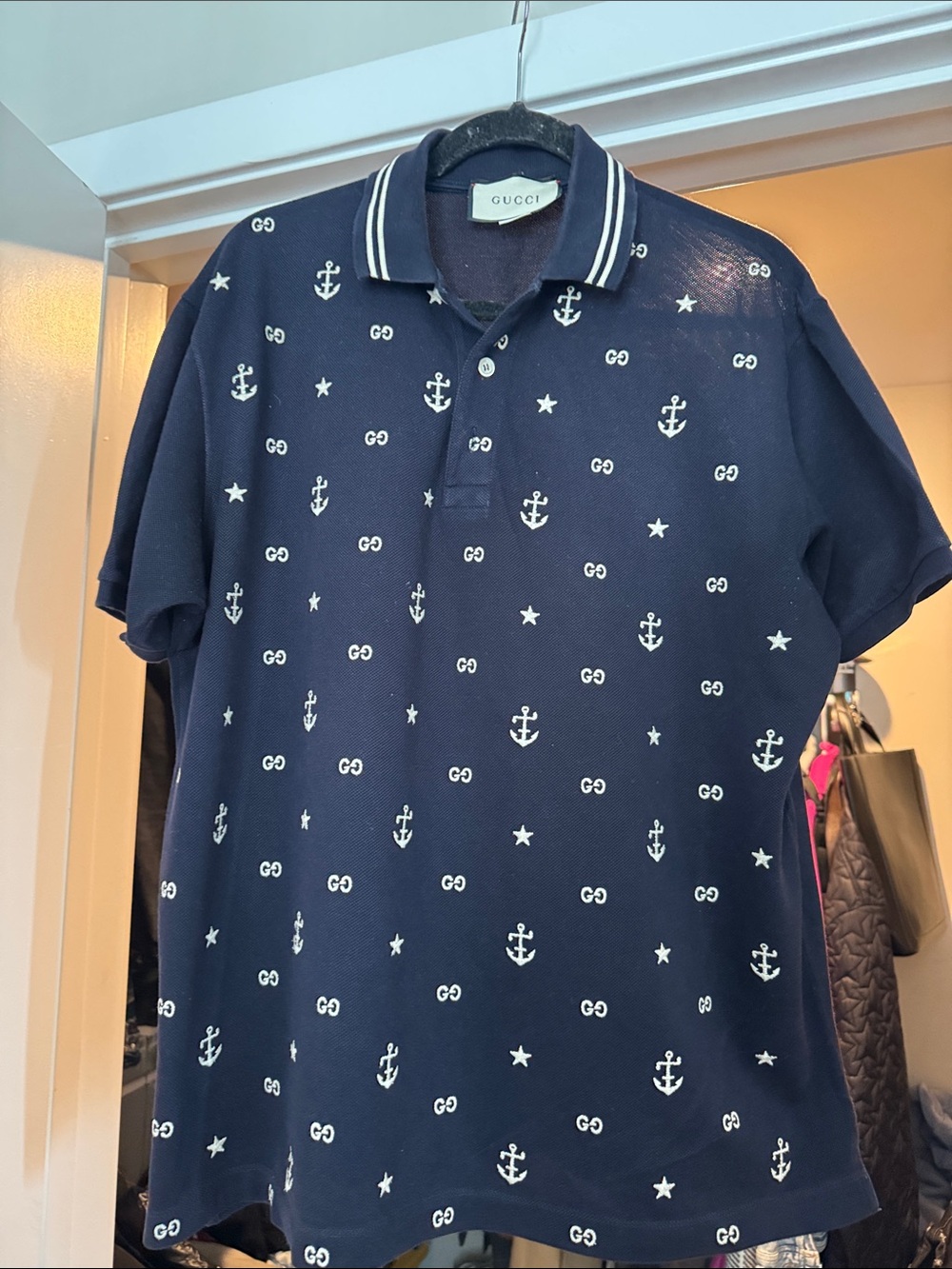 Gucci Navy Polo with White Anchor & Star Motif
